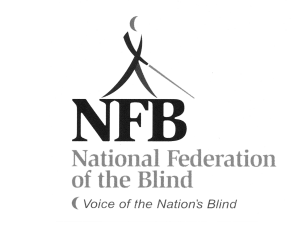 NFB logo: Whozit, a walking stick figure with a long white cane, text National Federation of the Blind, voice of the nations blind